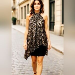Black & Gold Metallic Halter Drape Dress